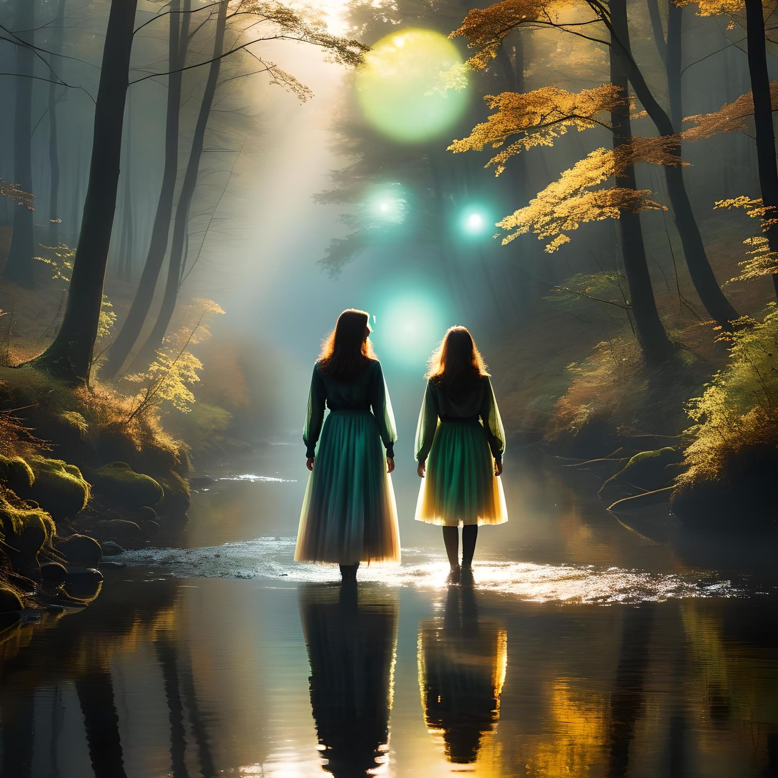 Misty Autumn River Scene with Iridescent Glow