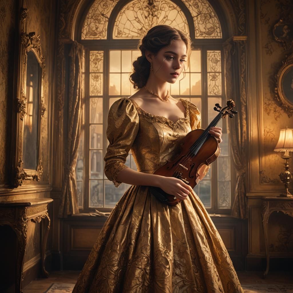 Victorian Girl with Violin: Cinematic Digital Art