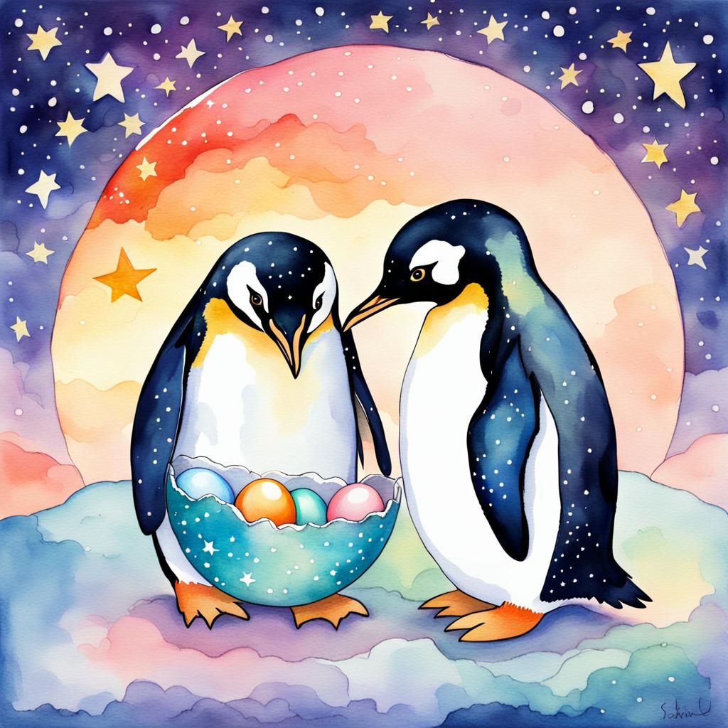 Penguin Couple Incubating Egg: Children's Illustration