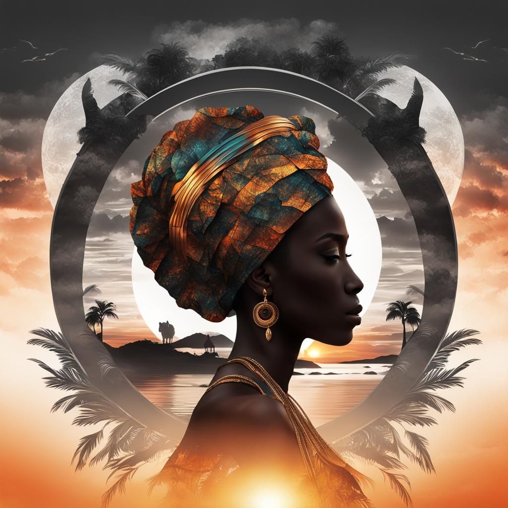 African Goddess Silhouette on Sunset Coast: Double Exposure