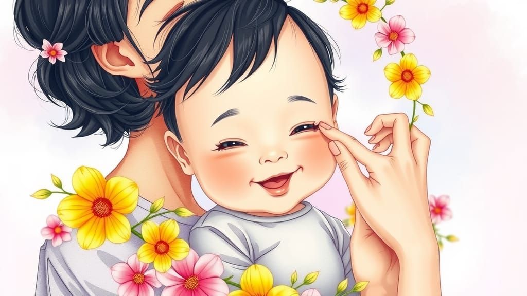 Asian Baby Portrait with Floral Wreath, Romantic Illustratio...