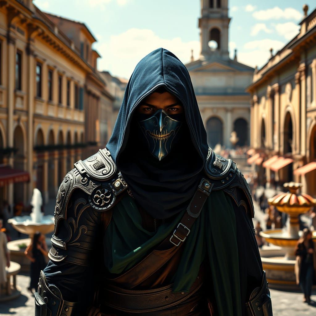 Mysterious Figure Embarks into Sunlit Roman Town Square with...