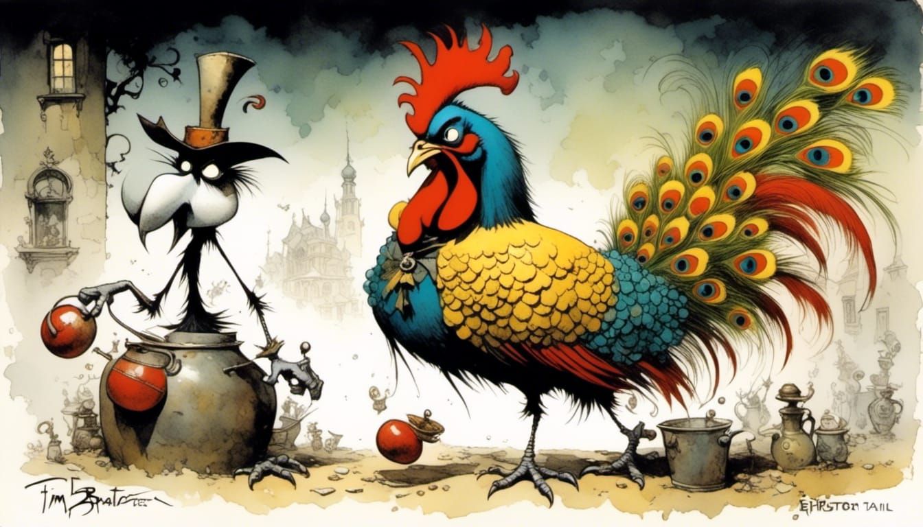 Rooster Boxer with Peacock Tail in Burtonesque Style