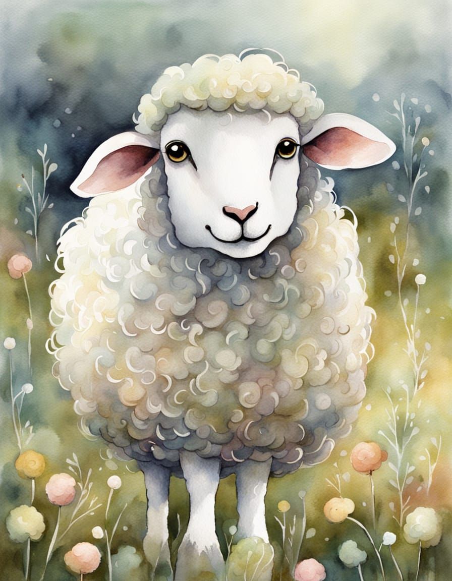 Anthropomorphic Sheep Illustration in Watercolor Style