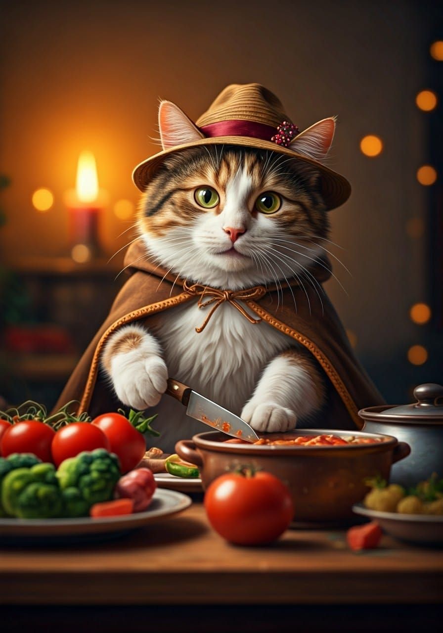 Festive Calico Cat Prepares Christmas Dinner