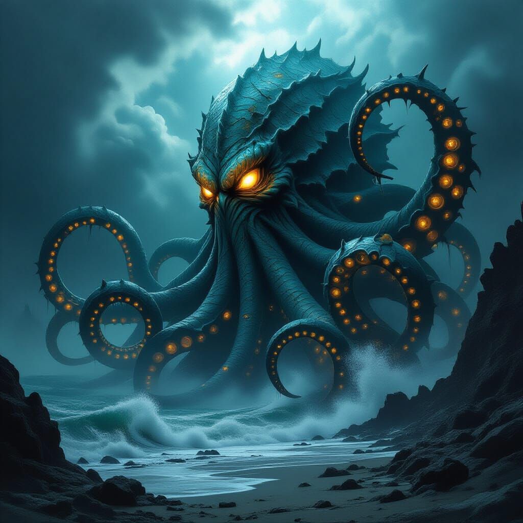 Colossal Kraken Emerges from Stormy Sea in Epic Fantasy Art