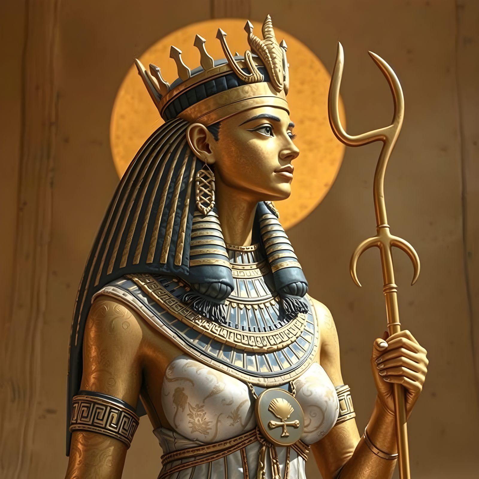 Elegant Woman in Golden Egyptian Satin Dress