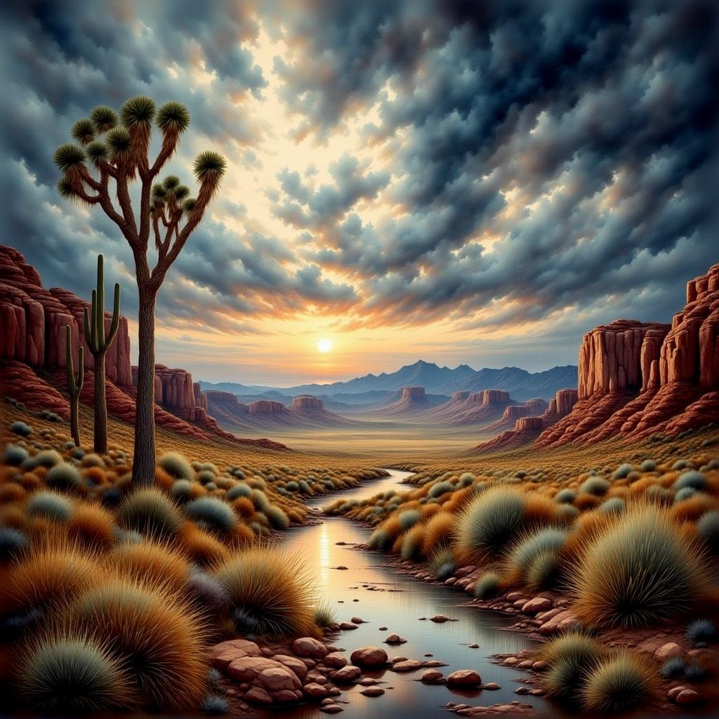 Desert Canyon Under Stormy Sky in Watercolor Style