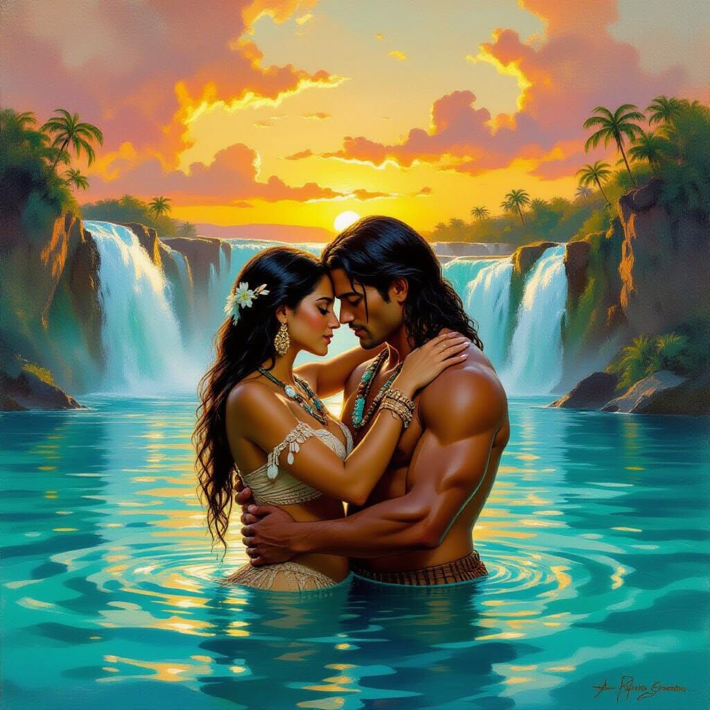 Taino Couple Embracing in River at Sunset Oil Painting