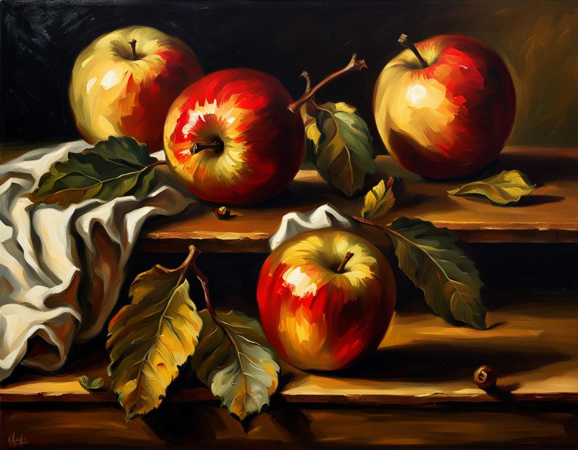 Baroque Still Life: Apples and Leaves in Oil