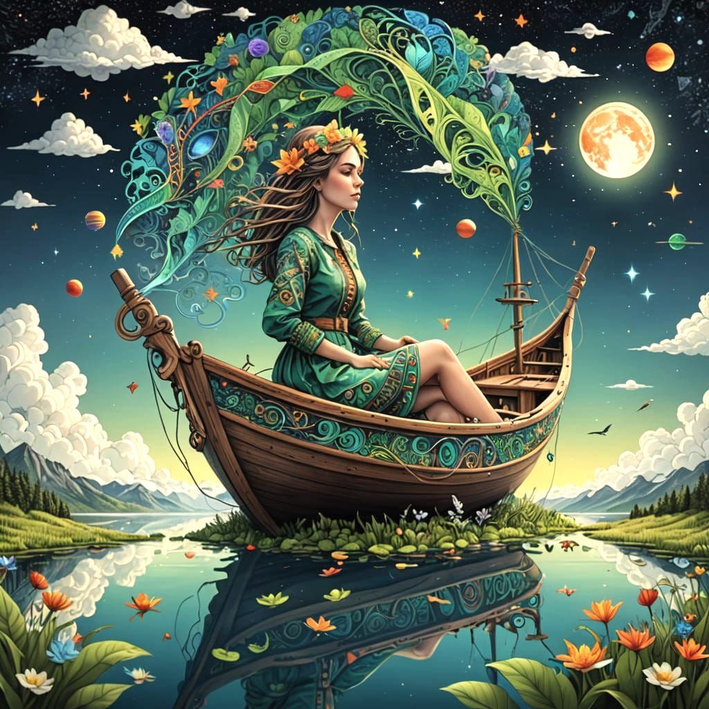 Girl on Sky Boat in Neurographic Style