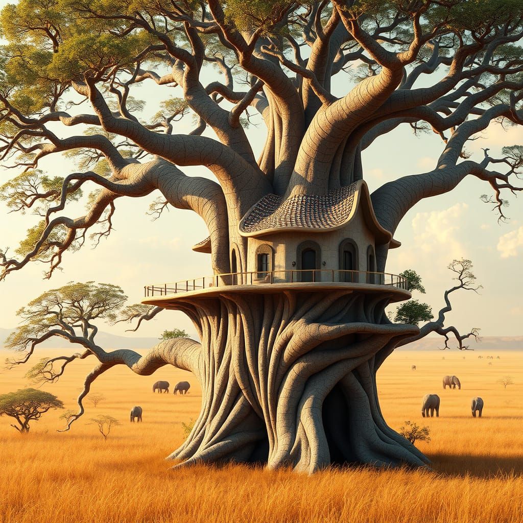 Gaudí-Inspired Baobab Treehouse in Dreamlike African Savanna...