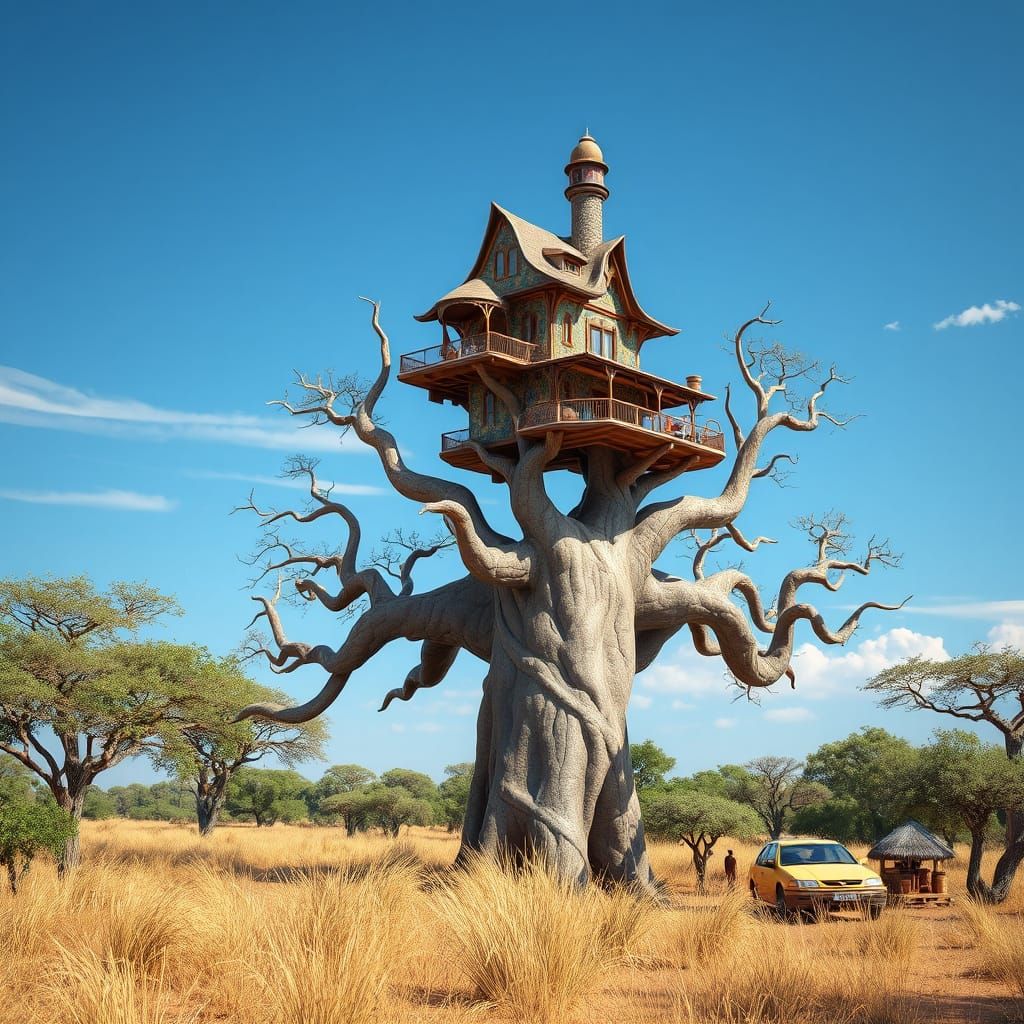 Gaudi-Inspired House on Baobab Tree in African Savana