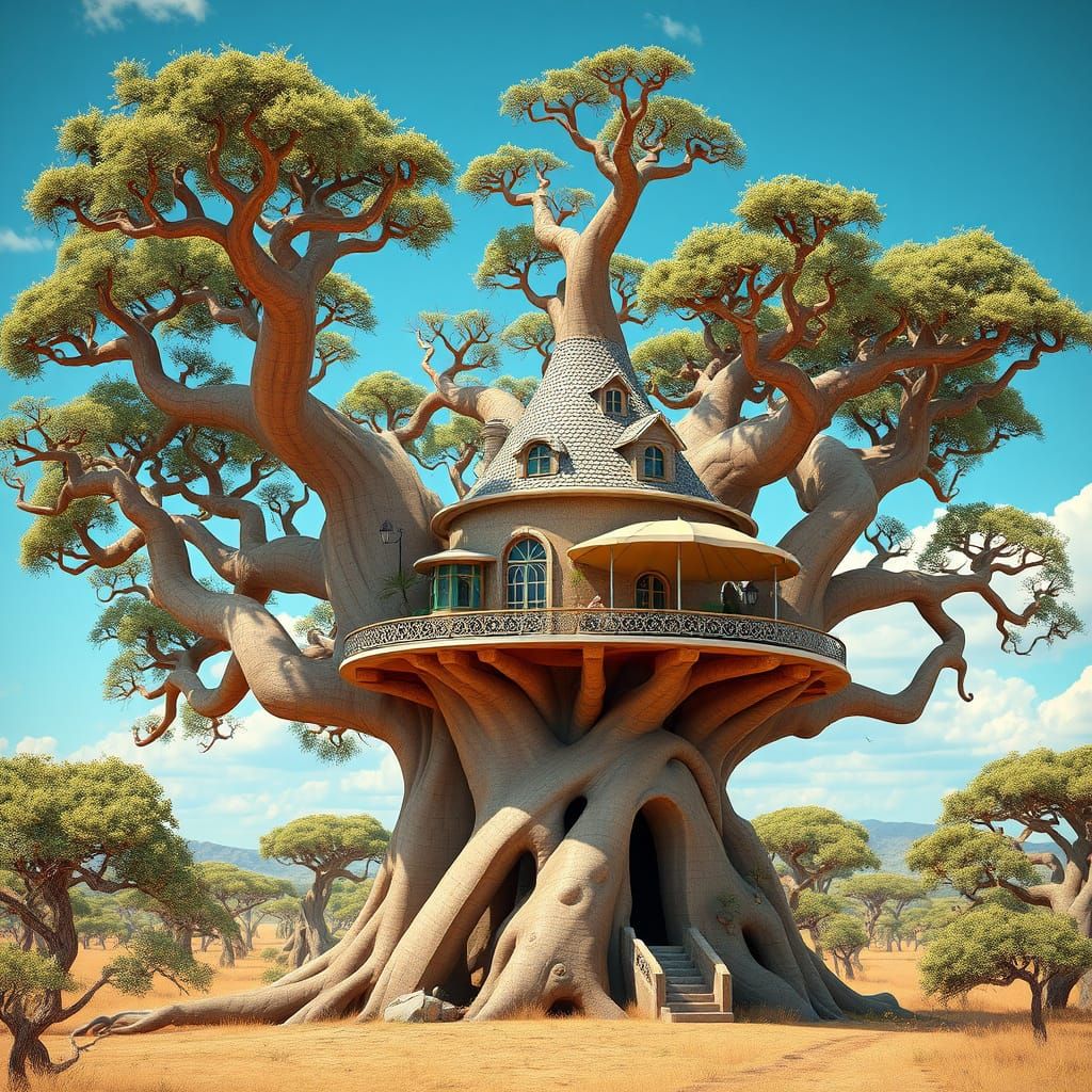 Whimsical Gaudi-Inspired Treehouse in Vibrant African Savann...