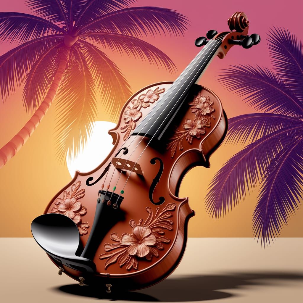 Exotic Violin Amidst Sunset Palm Trees