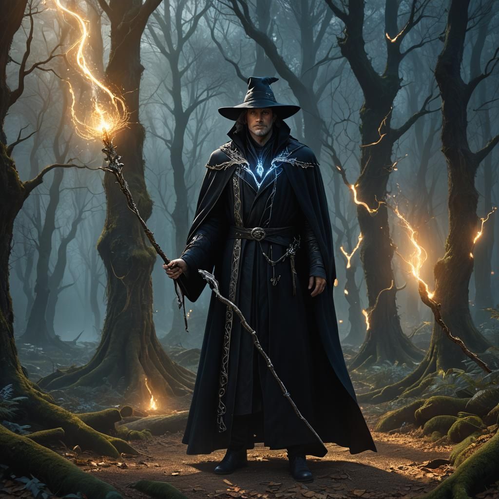 Handsome Sorcerer in Mystical Forest, Art Nouveau Style