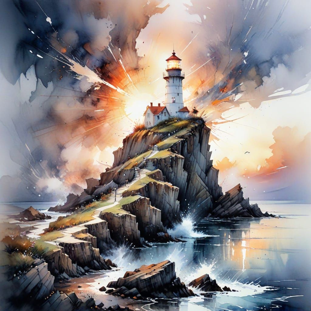 Luminous Lighthouse Amidst Rocky Dawn Landscape