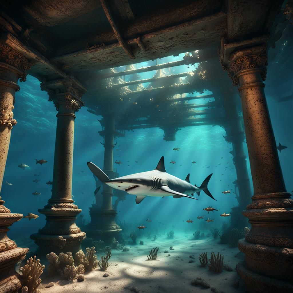 Sharks Circle Shipwreck in Deep Sea