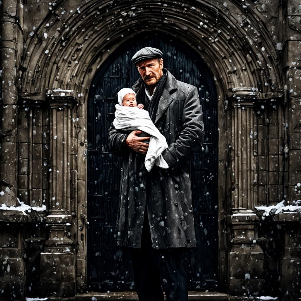 Cartoon Man with Baby Near Church Door