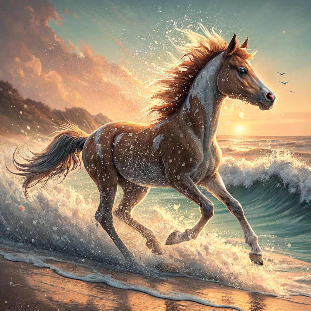 Foal Galloping on a Beach in Splash Art Style
