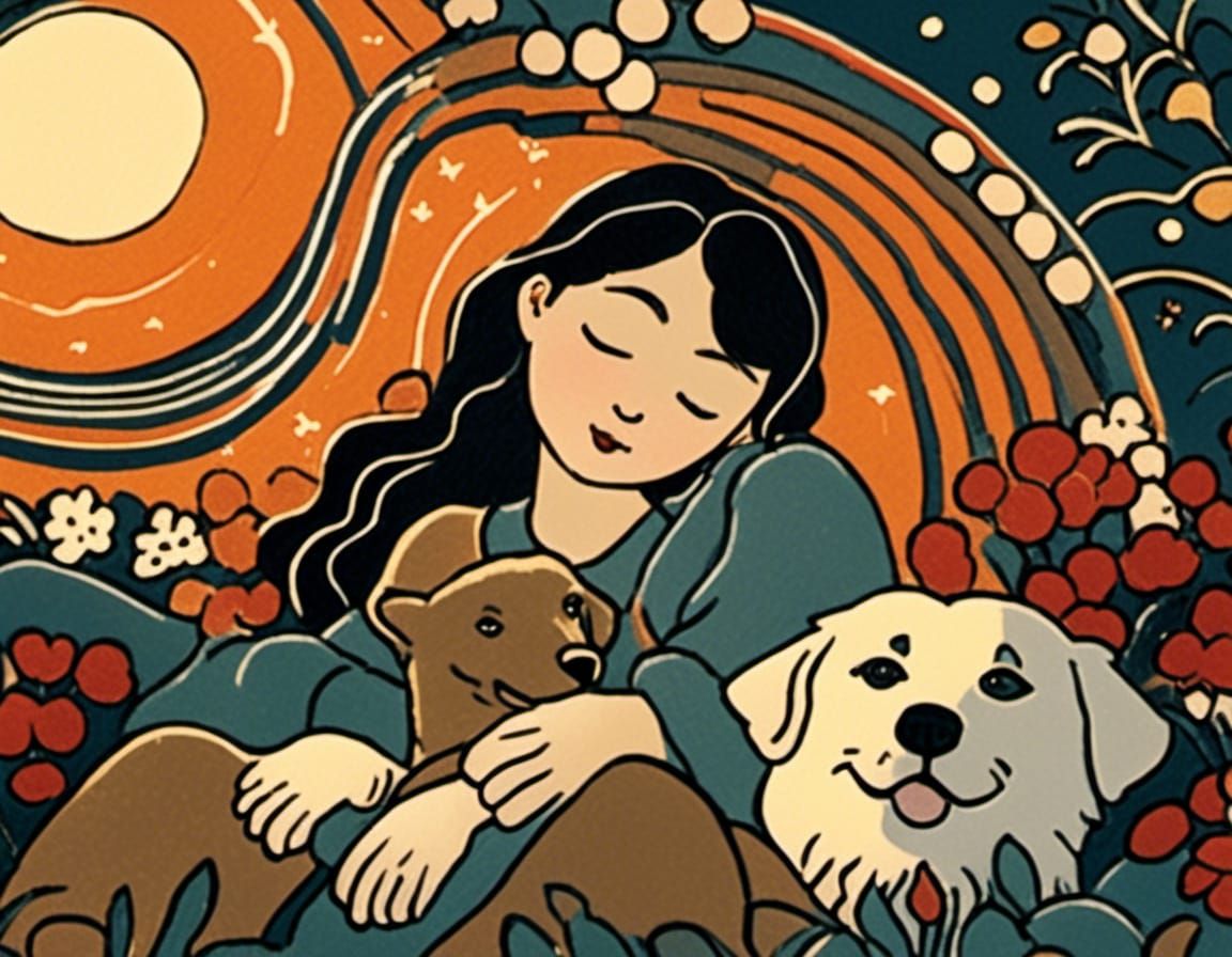 Asian Student Stargazing with Dog in Folk Art Style