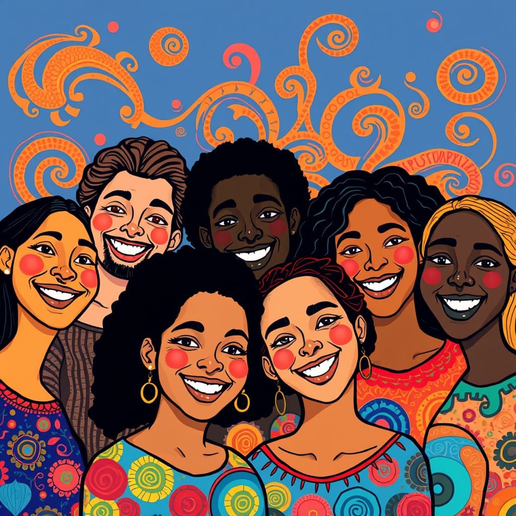 Vibrant Whimsical Friends in Folk Art Style