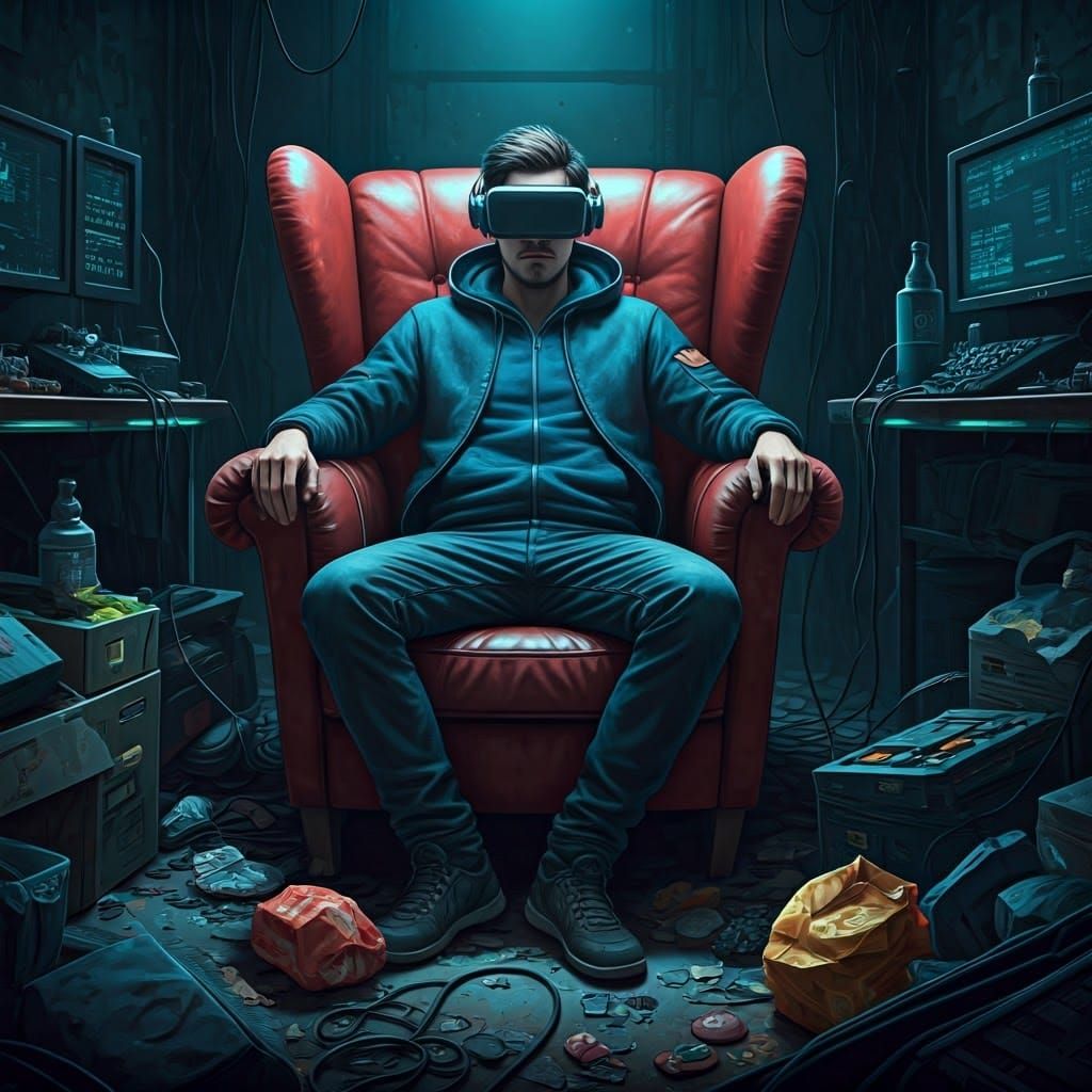 Cyberpunk Netrunner in VR, Gritty Apartment Setting