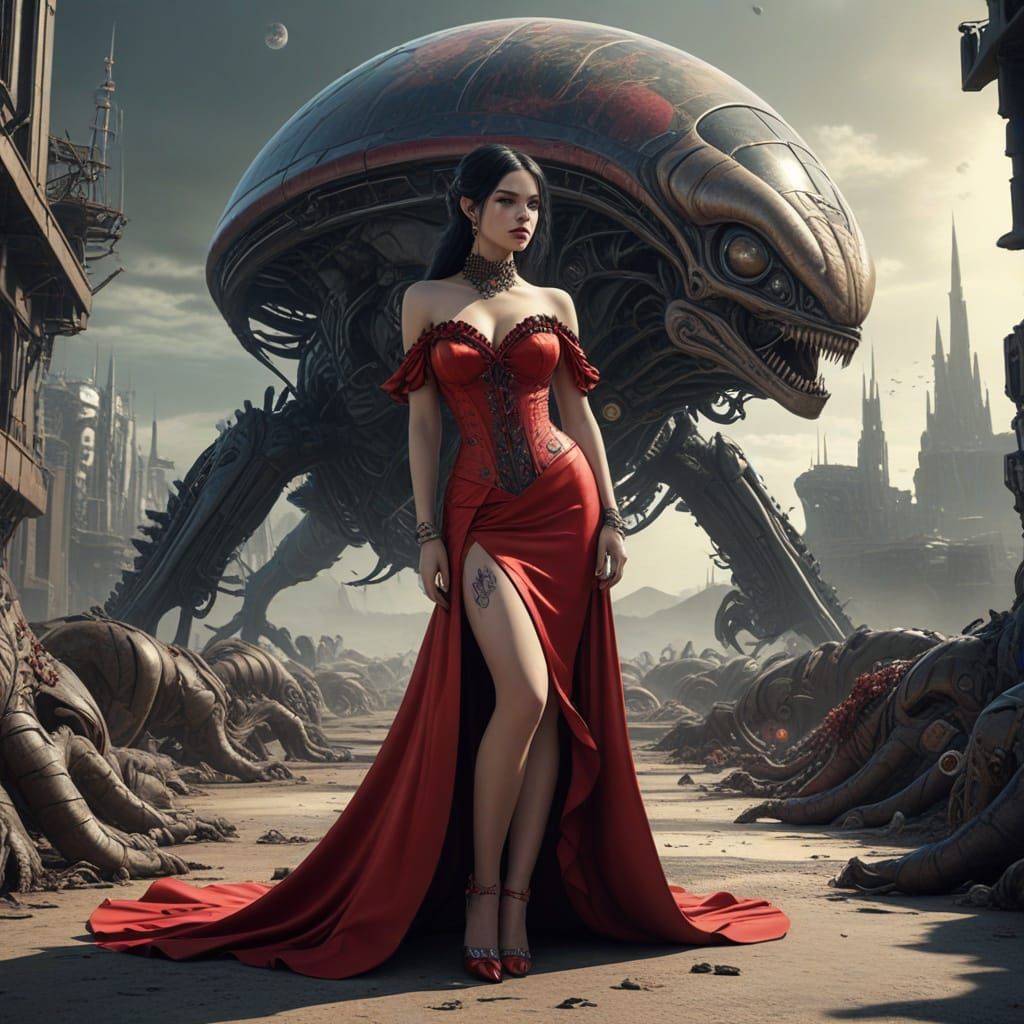 Woman in Elizabethan Red Dress on Alien Planet