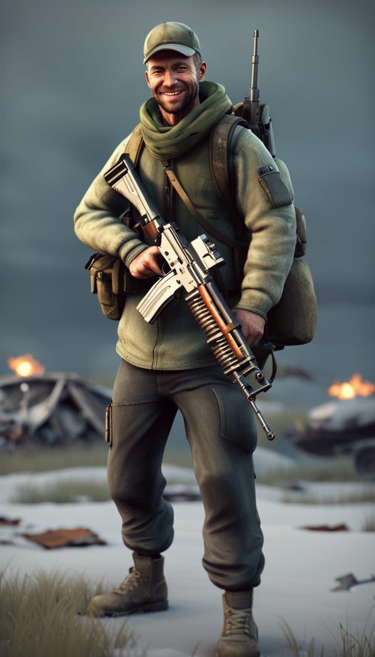 Man at Ruined Airfield with AK-47s in 3D Style