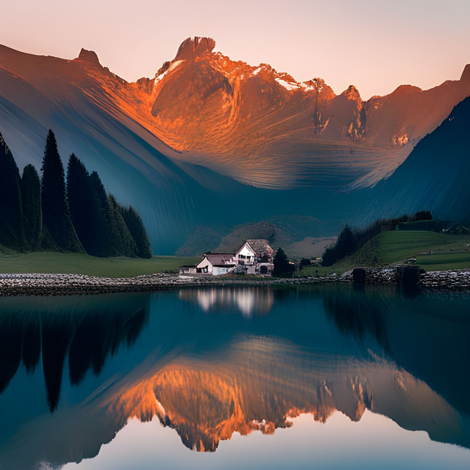 Alpine Peak and Village Reflected in Still Lake