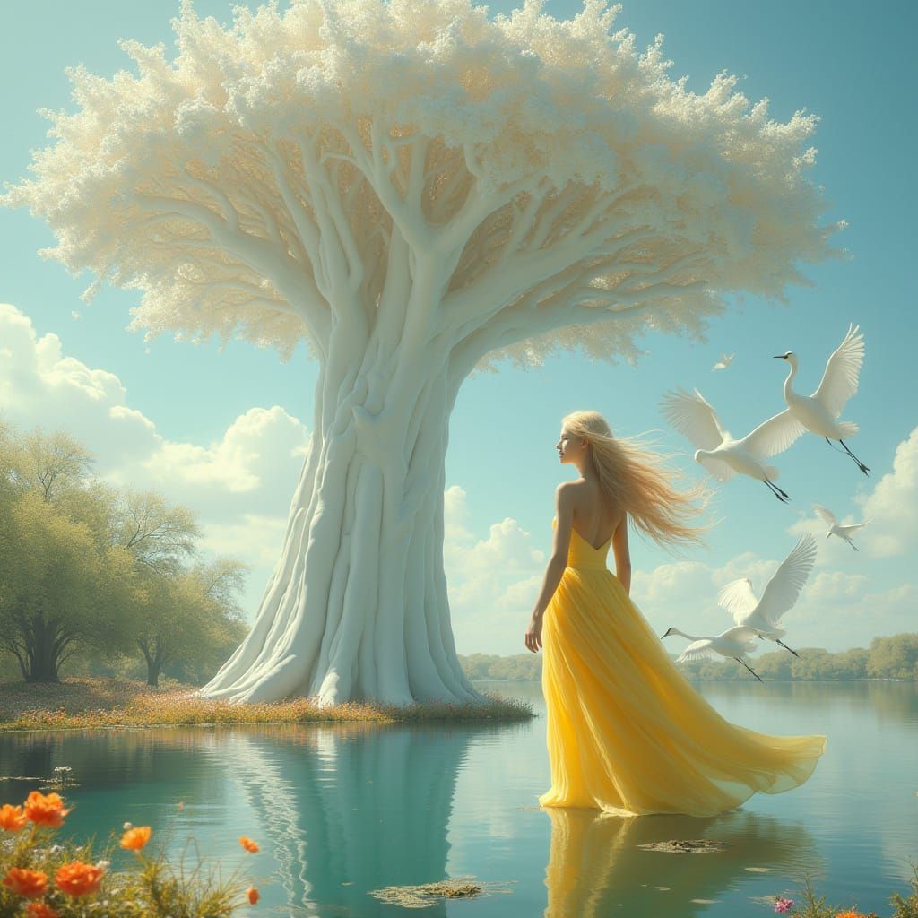 Surreal White Tree Goddess Reflected in Lake