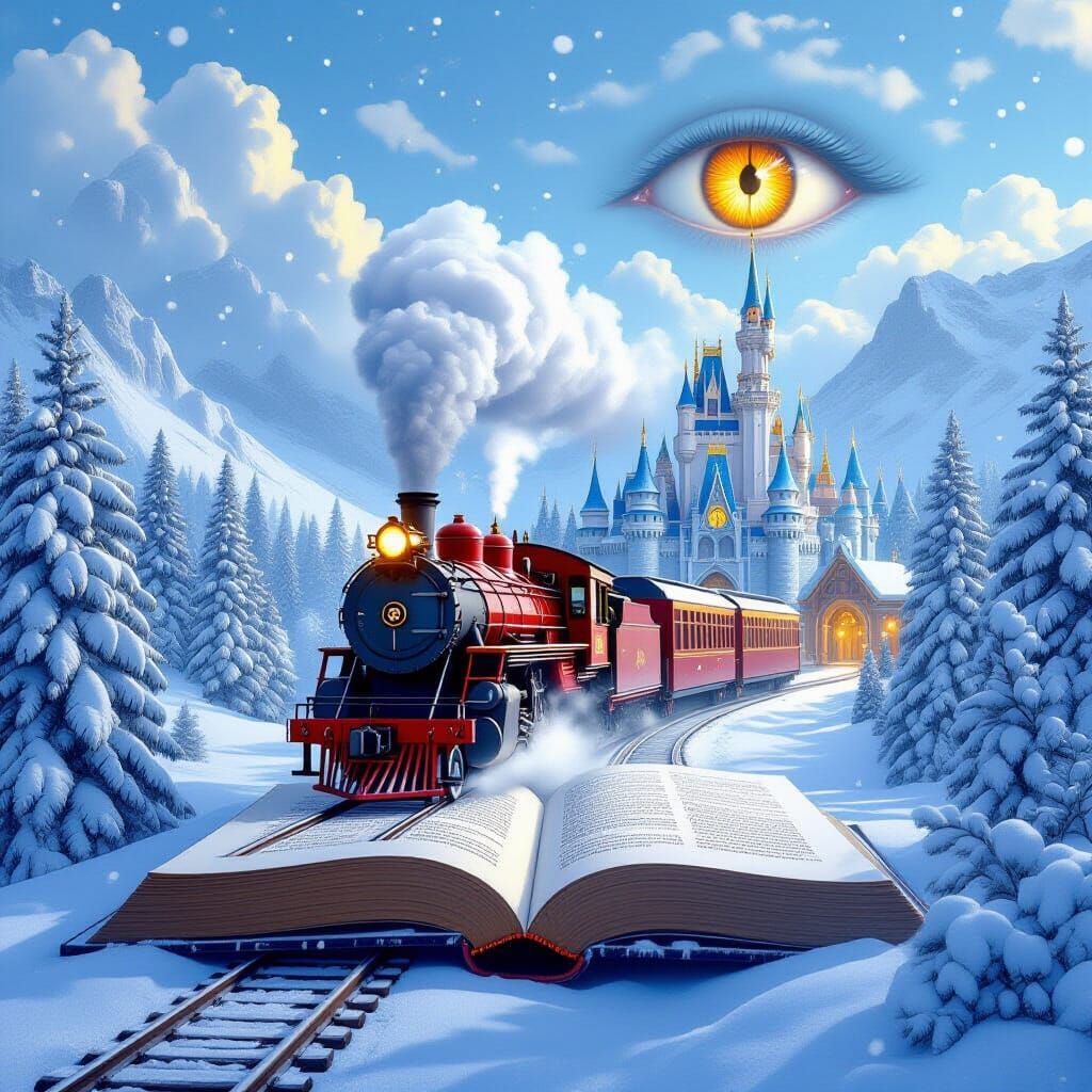 Vintage Train Emerges from Storybook into Winter Fantasy