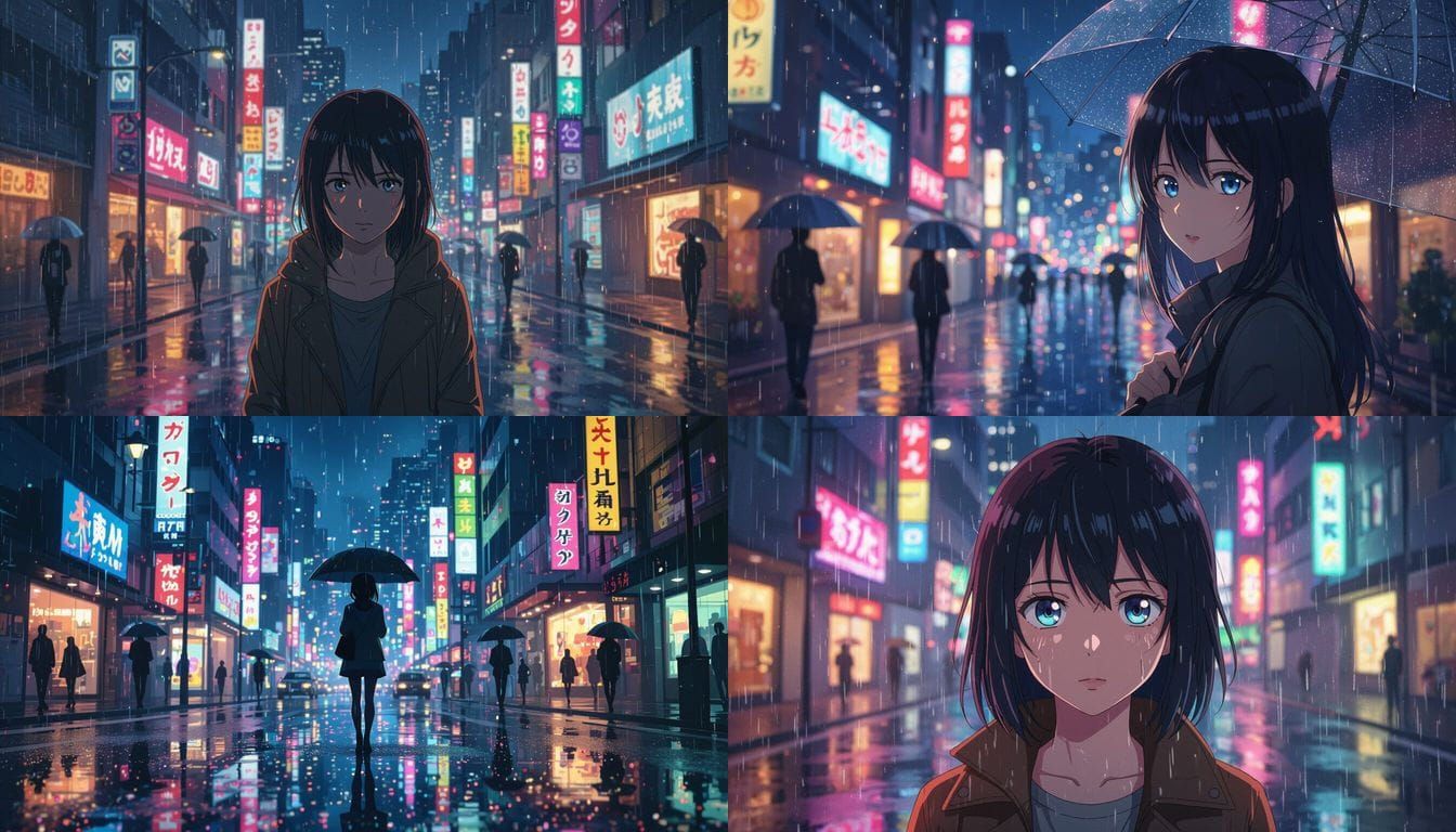 Anime Character Portrait in Rainy City with Bokeh
