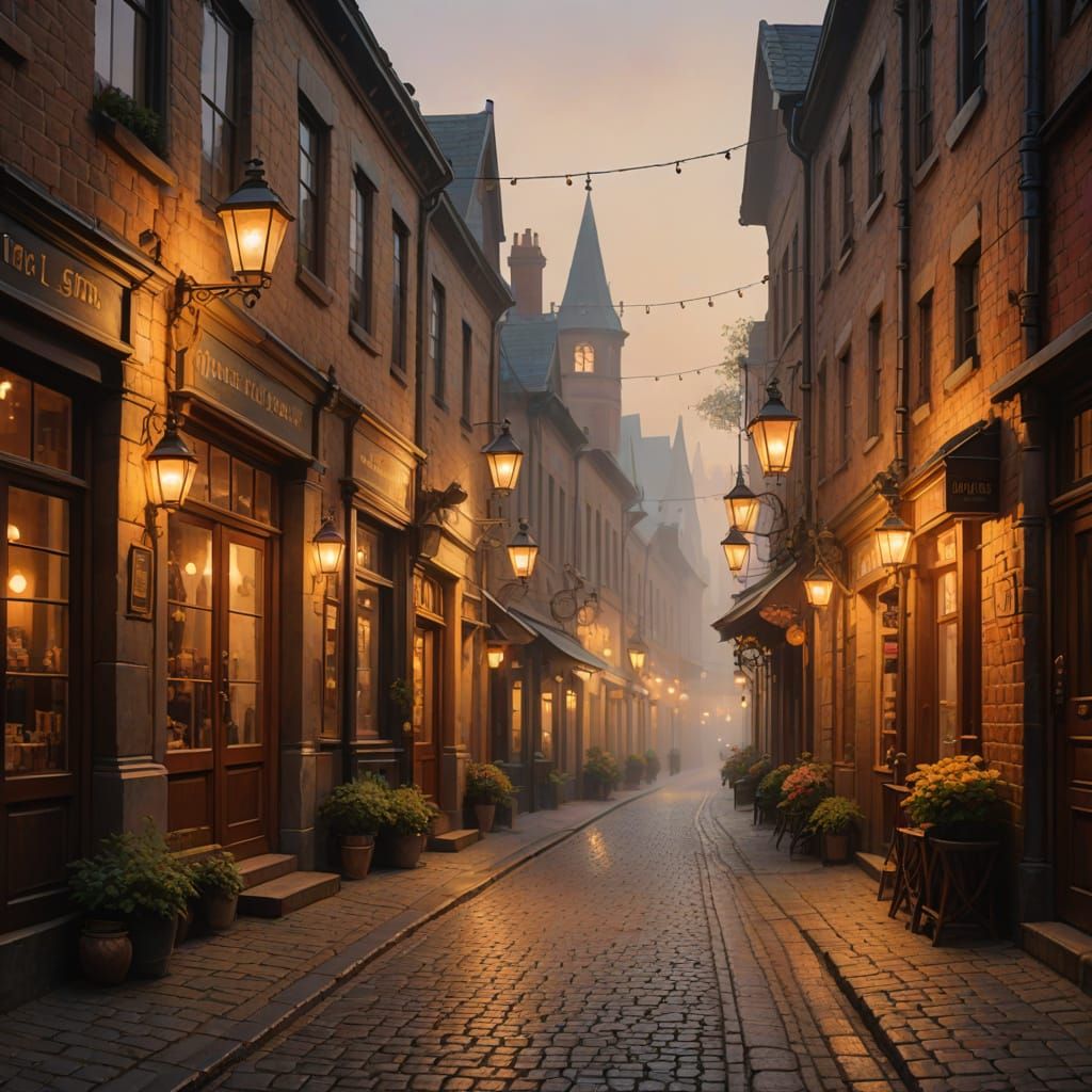 Victorian Era Shops on Cobblestone Street Corner