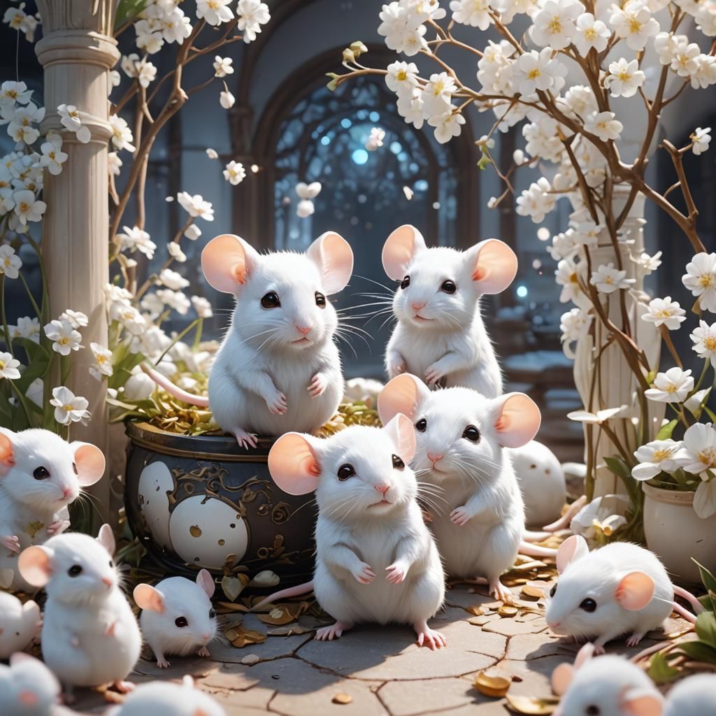 Cute Magical White Mice in 3D Anime Art