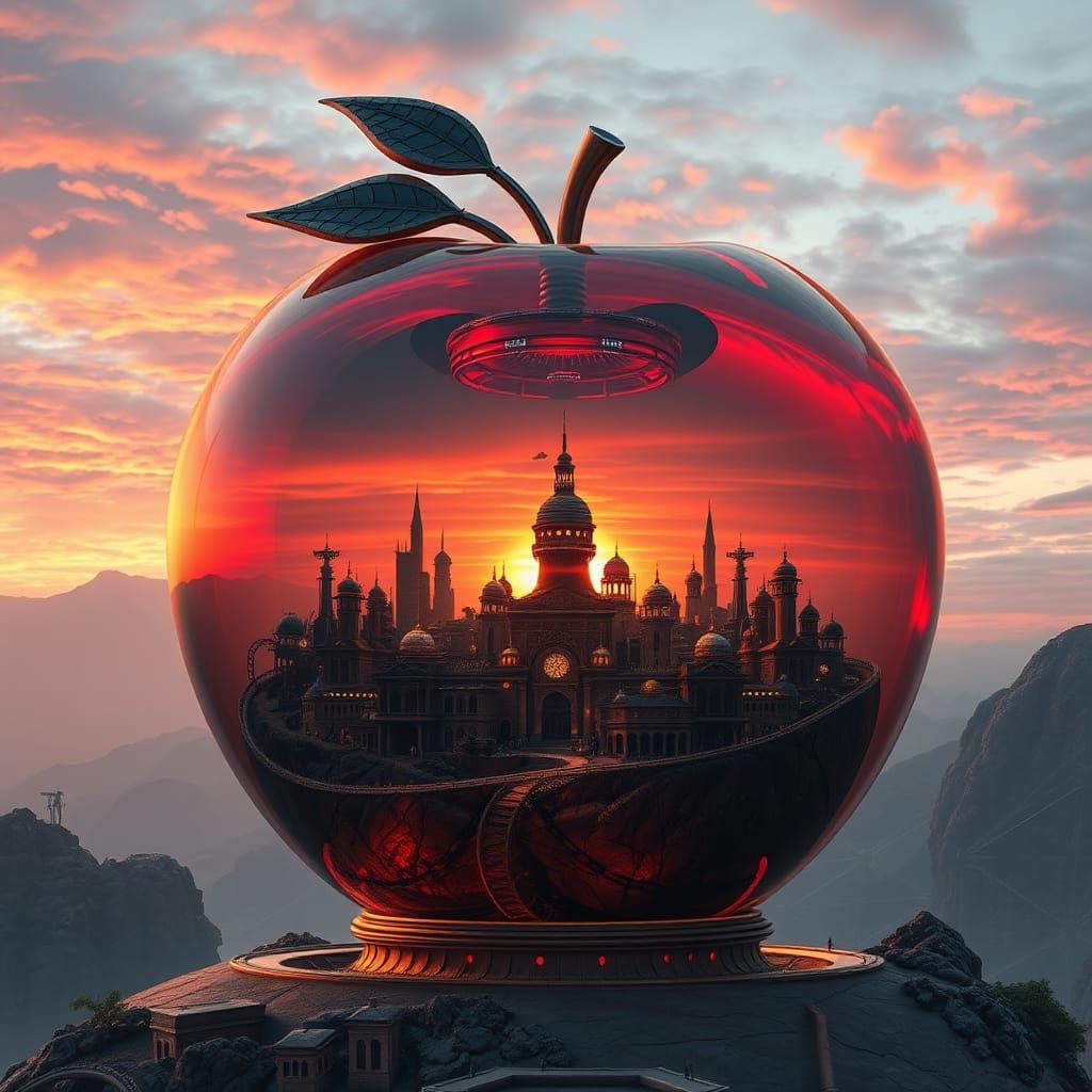 Steampunk City Inside Giant Glass Apple