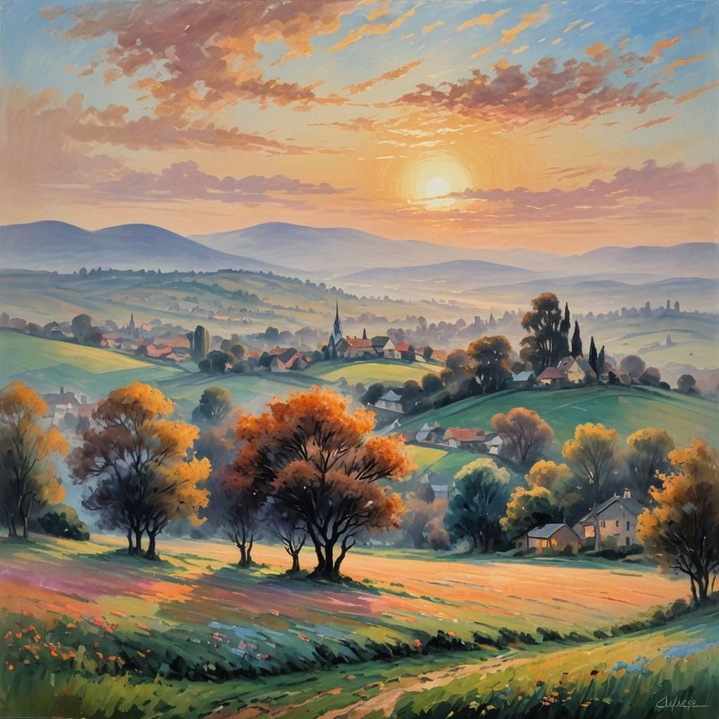 Impressionist Sunset Village Landscape in Oils