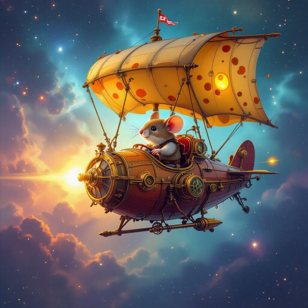 Steampunk Mouse Airship Adventure in Cosmic Nebula