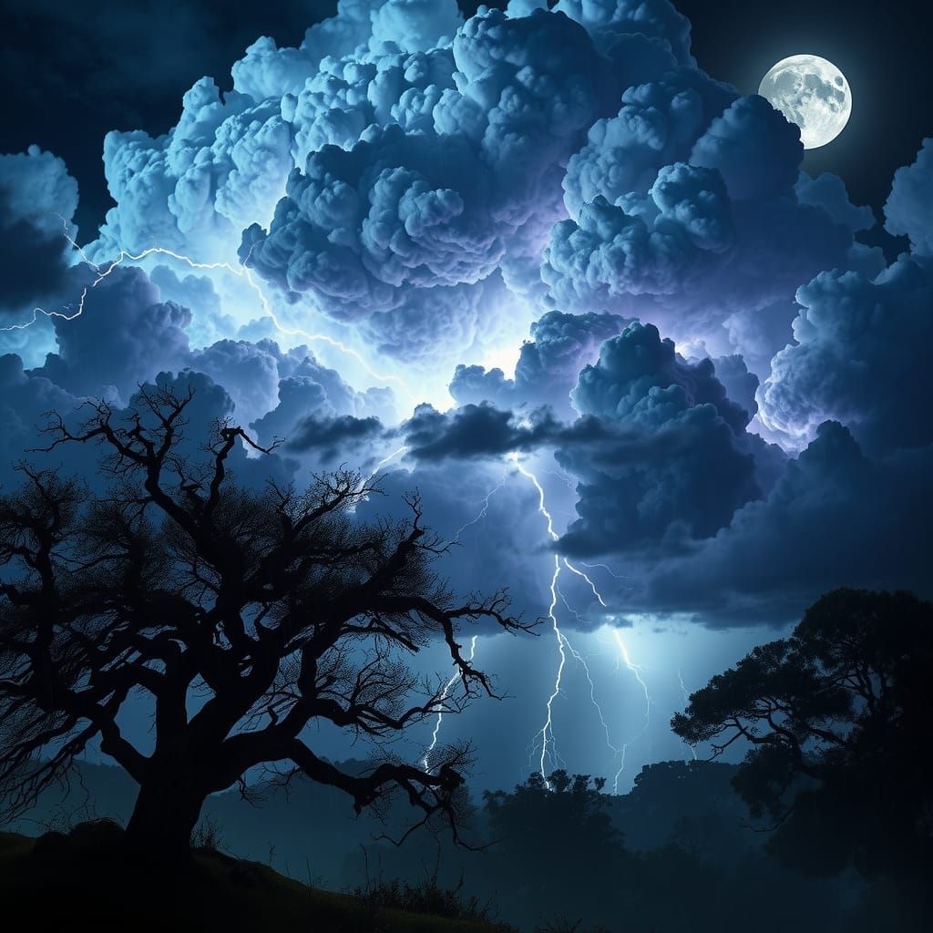 Dramatic Night Thunderstorm Over Dark Landscape