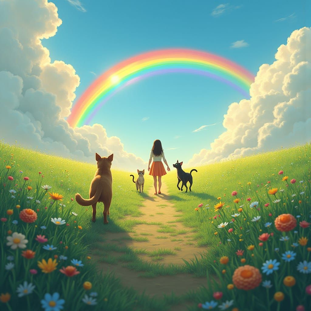 Ethereal Rainbow Bridge Crossing into Afterlife Meadow