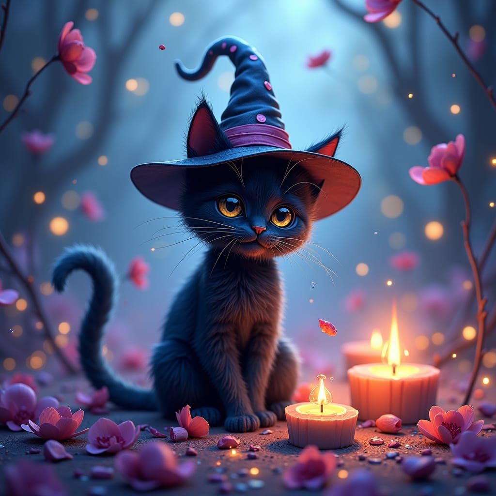 Mystical Black Cat in Witch Hat, Watercolor Art