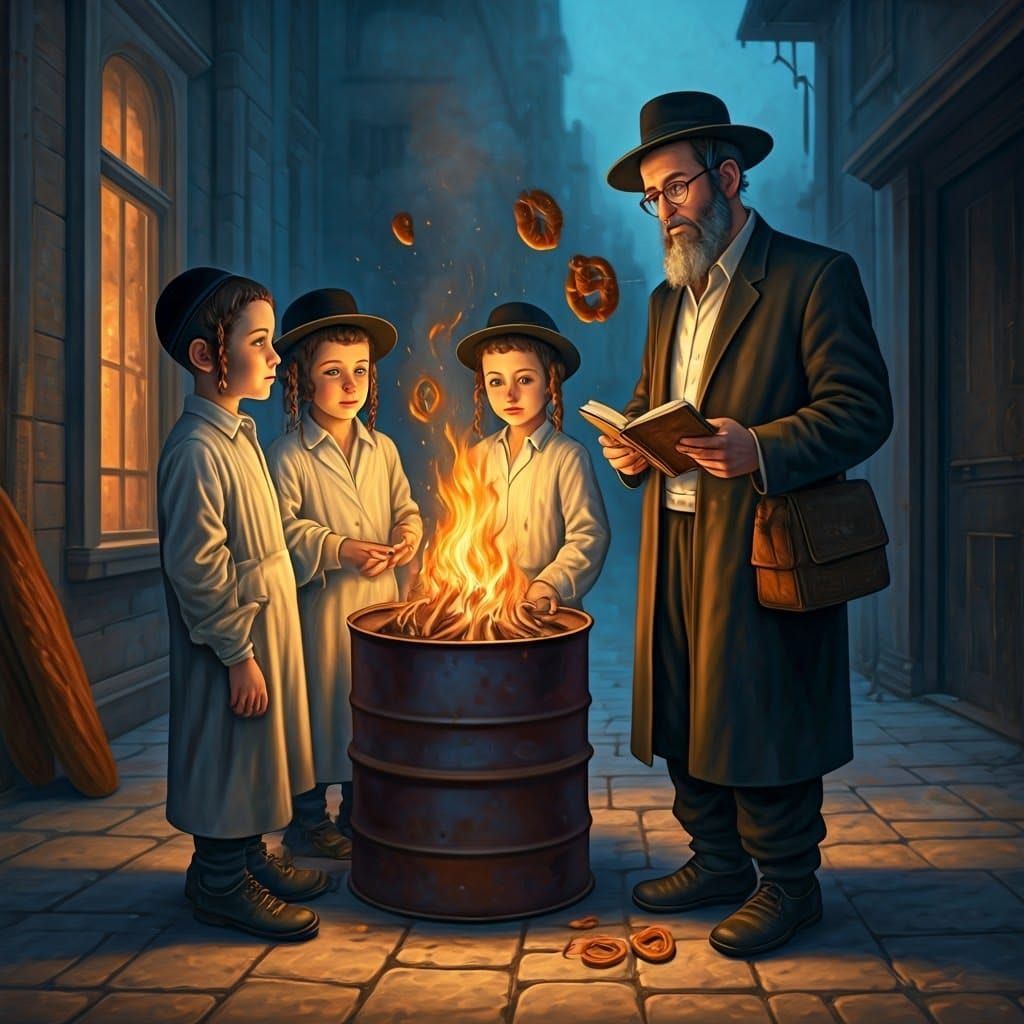 Whimsical Scene of Children and Ultra-Orthodox Jews in a Bui...