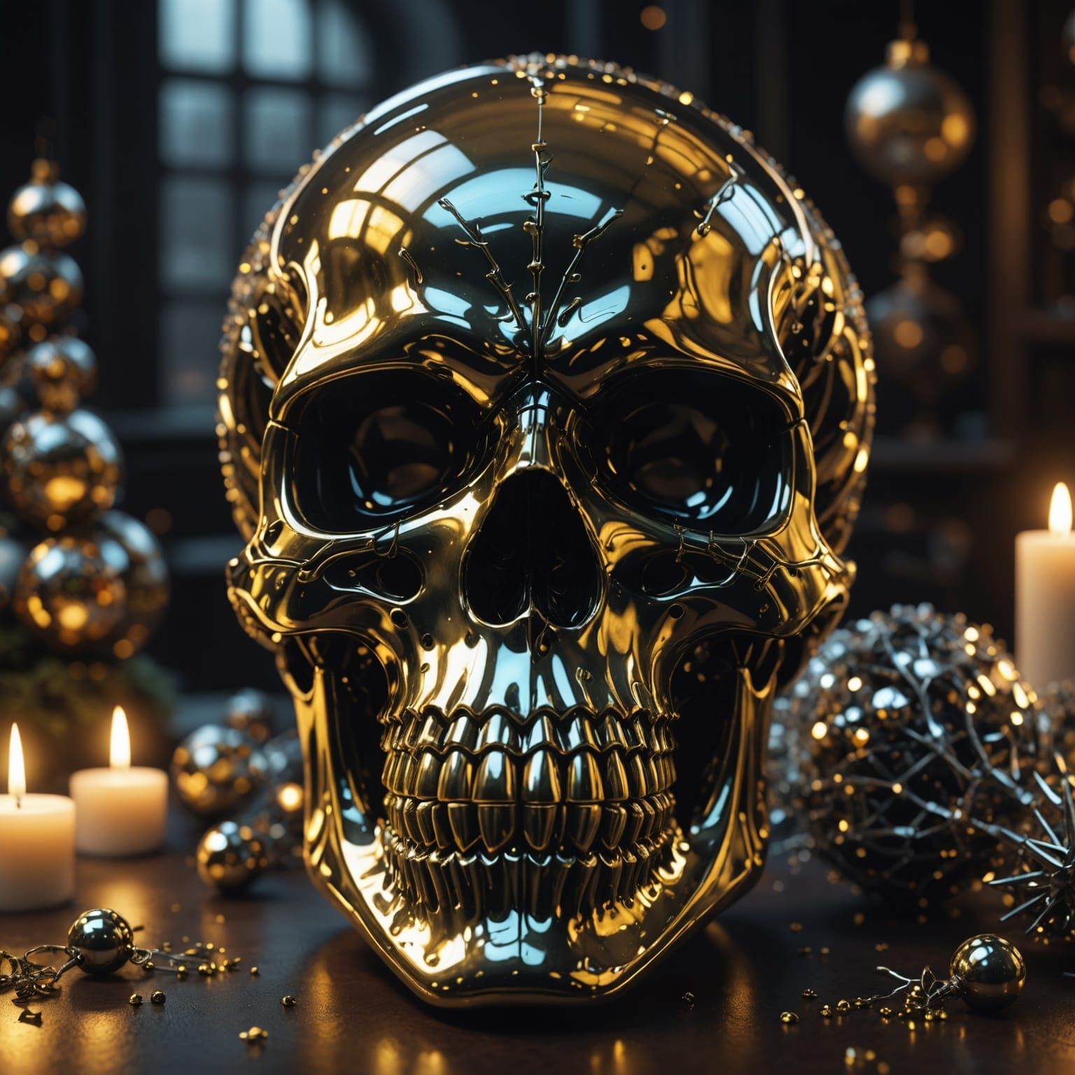 Gothic Hyperrealistic Christmas Skull in Golden Hour Light