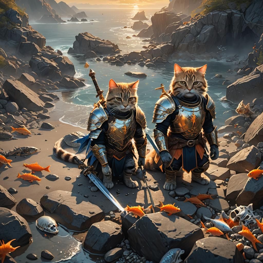 Armored Cat Warrior on Rocky Shore: Fantasy Art
