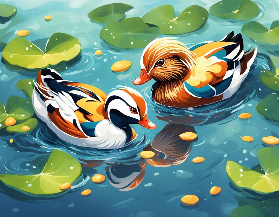 Mandarin Ducks Play: Anime-Style Visual