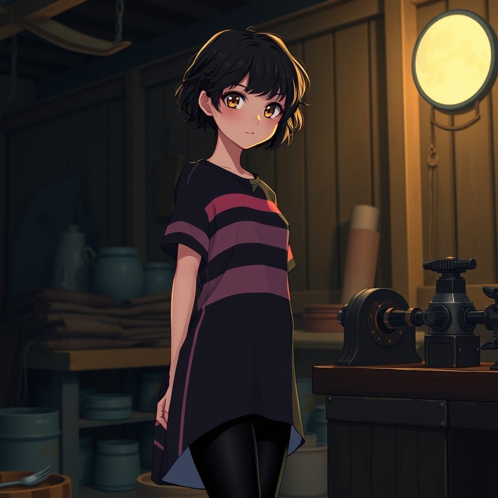 Mysterious Emo Girl in Moonlit Workshop