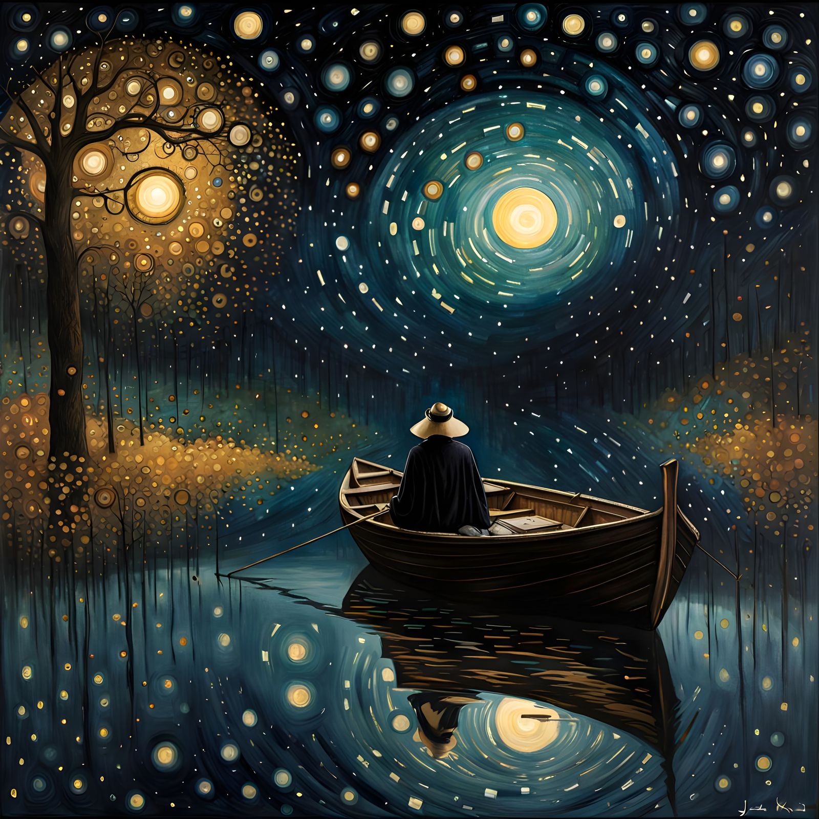 Ethereal Boat Ride Under Starry Klimt-Inspired Sky