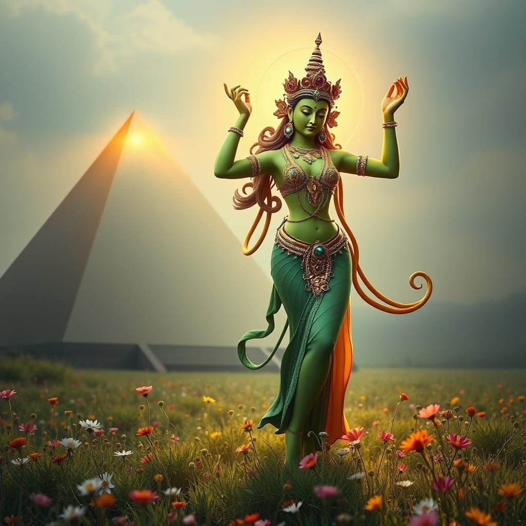 Mystical Goddess Dances Amidst Vibrant Energy