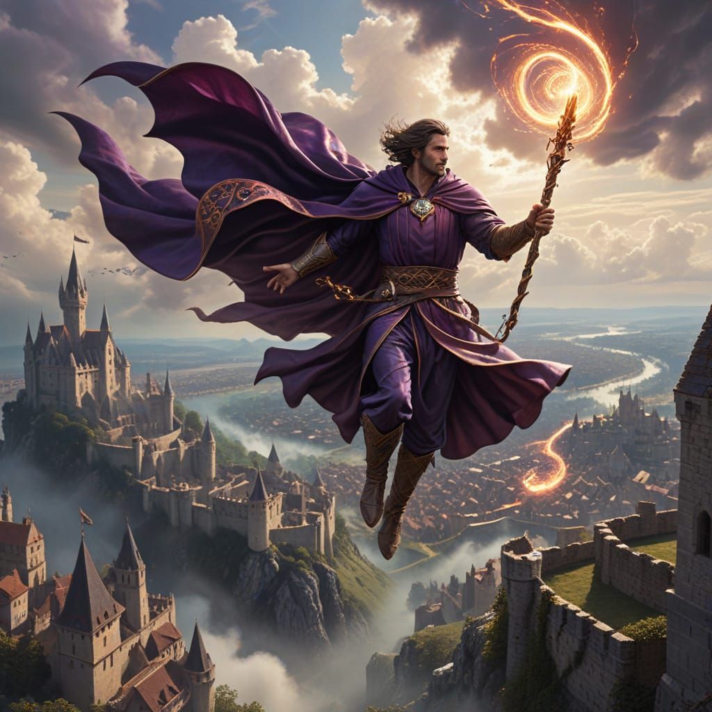 Majestic Sorcerer in Flight with Elemental Energy