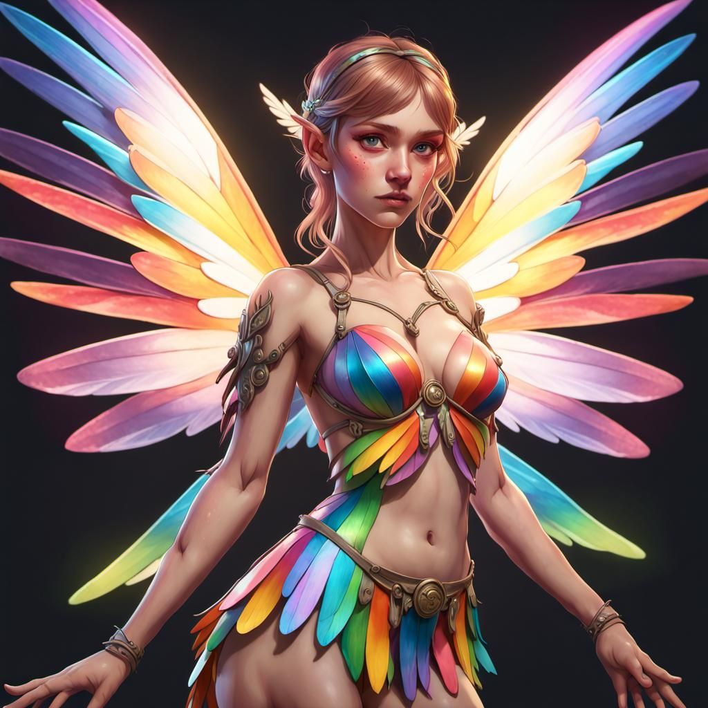 Brat Fairy Portrait with Rainbow Wings, Detailed Art